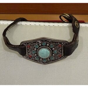 Lucky Brand Bracelet Turquoise Brown Leather Silver Toned Boho Western
